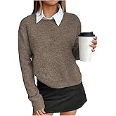 WDIRARA Women's Crew Neck Long Sleeve Sweater Pullover Knit Top Solid Color Casual Knitwear