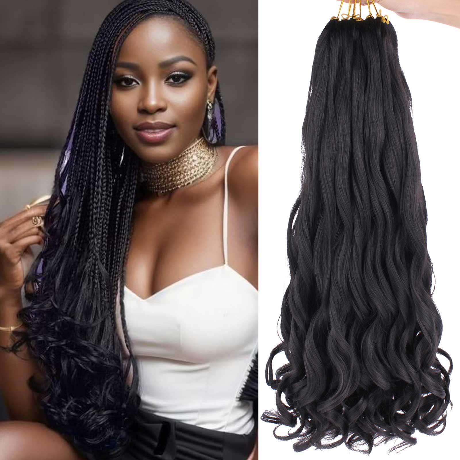 XTREND 8 Packs 22 Inch French Curly Braiding Hair Pre Stretched Bouncy Loose Wavy Yaki Texture Synthetic Box Braids For Women(22 Inch,1B#) — image 1