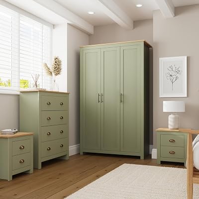 GFW Lancaster 4 Piece Bedroom Set Sage Green Bedside Cabinet Chest Wardrobe