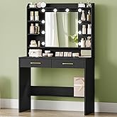 Hzuaneri Vanity Desk with Mirror and Led Light, Adjustable Brightness, Dressing Table with Shelves and 2 Drawers, for Bedroom