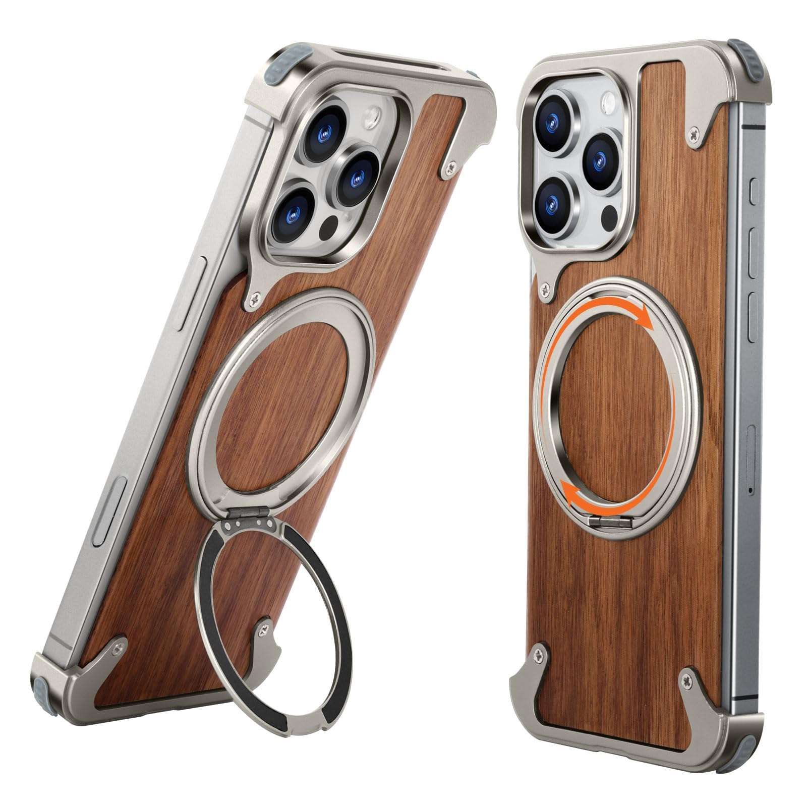 Photo 1 of OATSBASF Magnetic Wood Case Compatible with 16 Pro 6.3", [Natural Wood & Aluminum] Shockproof Protective Cover Unique Wooden Case with 360° Ring Stand, Natural Titanium