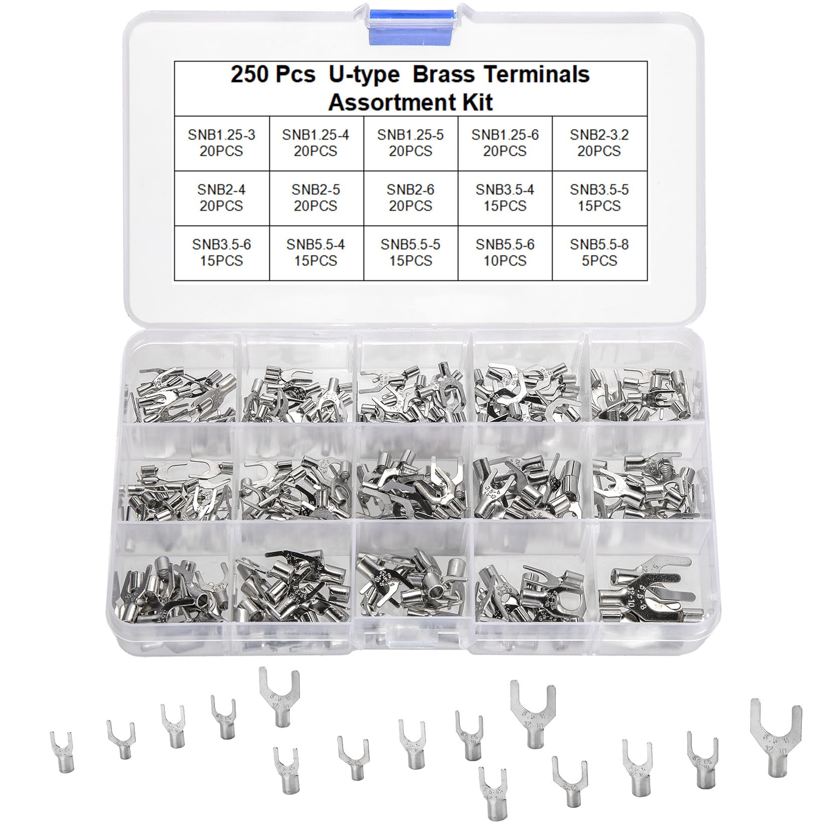 KOXXIAMOQ 250 Pcs Fork Spade Terminal Connectors, Copper U-Type Cable Lugs Terminals, Electrical Wire Connectors, Wire Terminal Crimp Connectors, Non-Insulated Barrel Wire Cable Lugs (U)