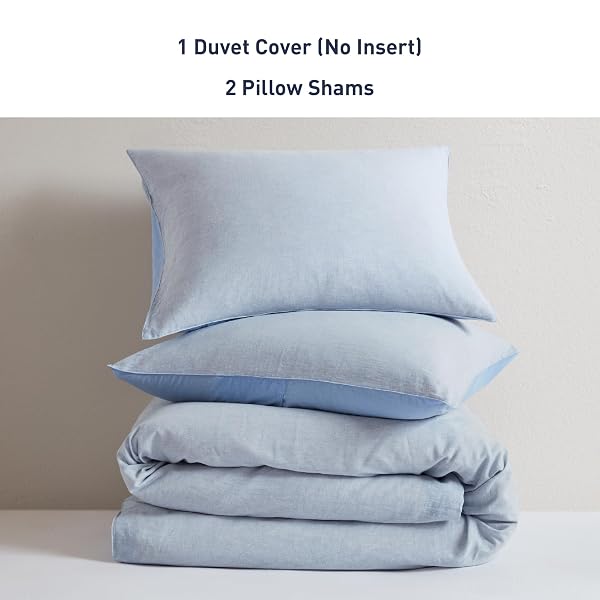 HYDE LANE LINEN DUVET COVER SET QUEEN SIZE, 3PCS TEXTURED FRENCH FLAX LINEN COTTON BLEND BEDDING SET, NATURAL AND ORGANIC, SOFT AND BREATHABLE, WITH 2 PILLOW SHAMS, 90″X90″, BLUE