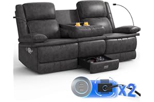 FURNIMAT 3 Seater Recliner Sofa, FSC Certified Manual Reclining Couch with Flip-Up Middle Backrest & Drawers, Modern Recliner Sofa with USB Ports & Cup Holders for RV, Living Room
