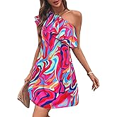Floerns Women's One Shoulder Tiered Layered Sleeveless Ruffle Trim Tunic Dress