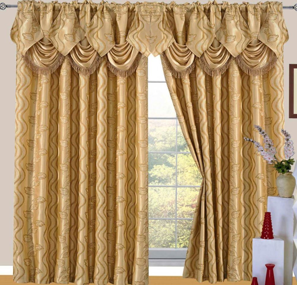 Raven Jacquard Rod Pocket Panel with Attached Valance and Backing, Gold, 55x84+18, 2-Pack