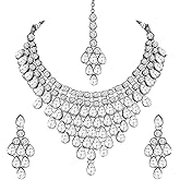 Aheli Exquisite Wedding Party Wear Faux Kundan Studded Necklace with Maang Tikka Set Indian Ethnic Traditional Jewellery Gift for Women