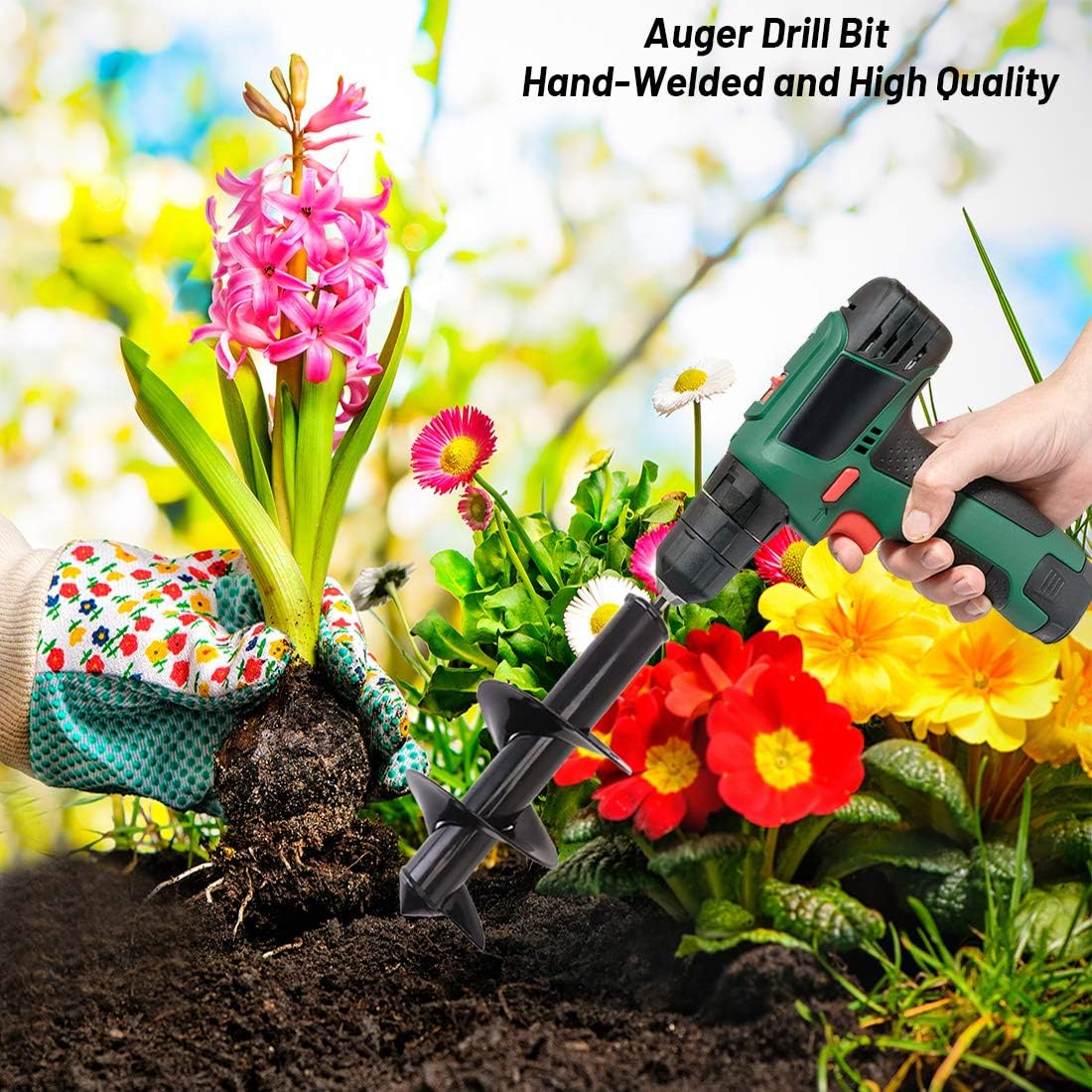 Auger Drill Bit, Raculety 4x12 inch Garden Plant Flower Bulb Auger Spiral Hole Drill Rapid Planter Bulb & Bedding Plant Augers with Garden Genie Gloves - Post Hole Digger for 3/8” Hex Drive Drill: Home Improvement