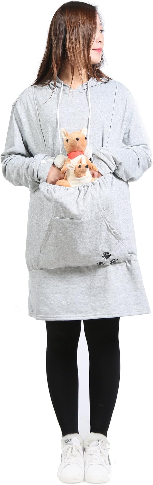 Women's Large Scale Hoodies Pet Holder Kangaroo Pouch Pullover Grey S