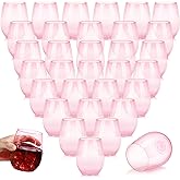 Layhit 32 Pcs Pink Stemless Wine Glasses Plastic Reusable Unbreakable Whiskey Champagne Drinking Glasses Cups for Valentine Wedding Anniversary Birthday Party (10 Oz)