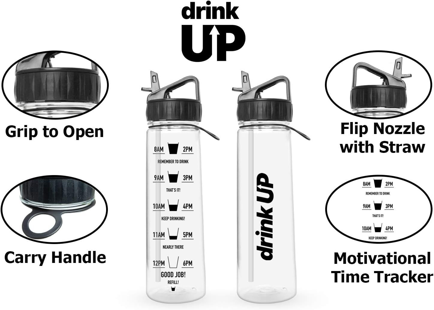 DrinkUp Motivational Water Bottle with Time Markings Straw, Black, 900 ml - Image 4