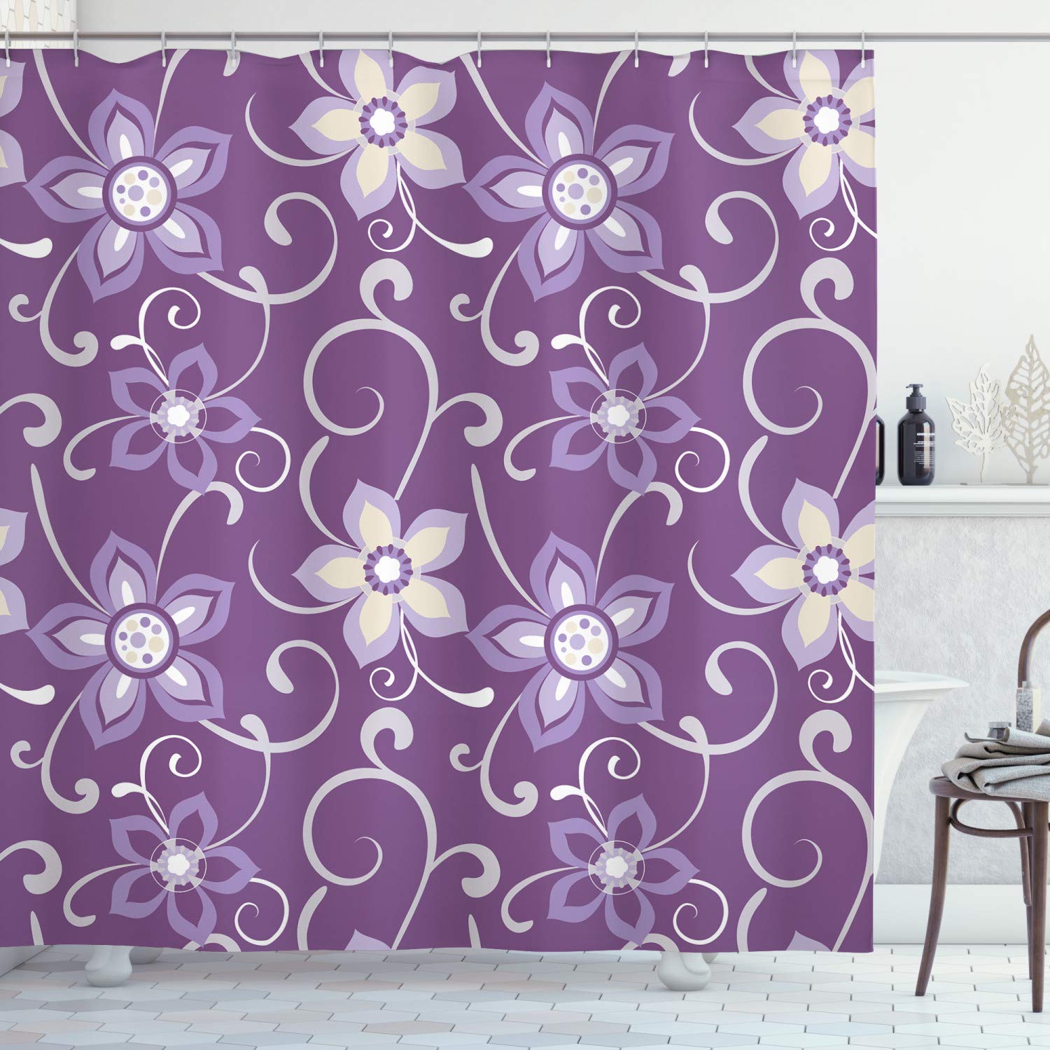 ABAKUHAUS Eggplant Shower Curtain, Lilacs with Leaves Sticking out of Them in Soothing Purple Background, Cloth Fabric Bathroom Decor Set with Hooks, 70 Inches, Purple White