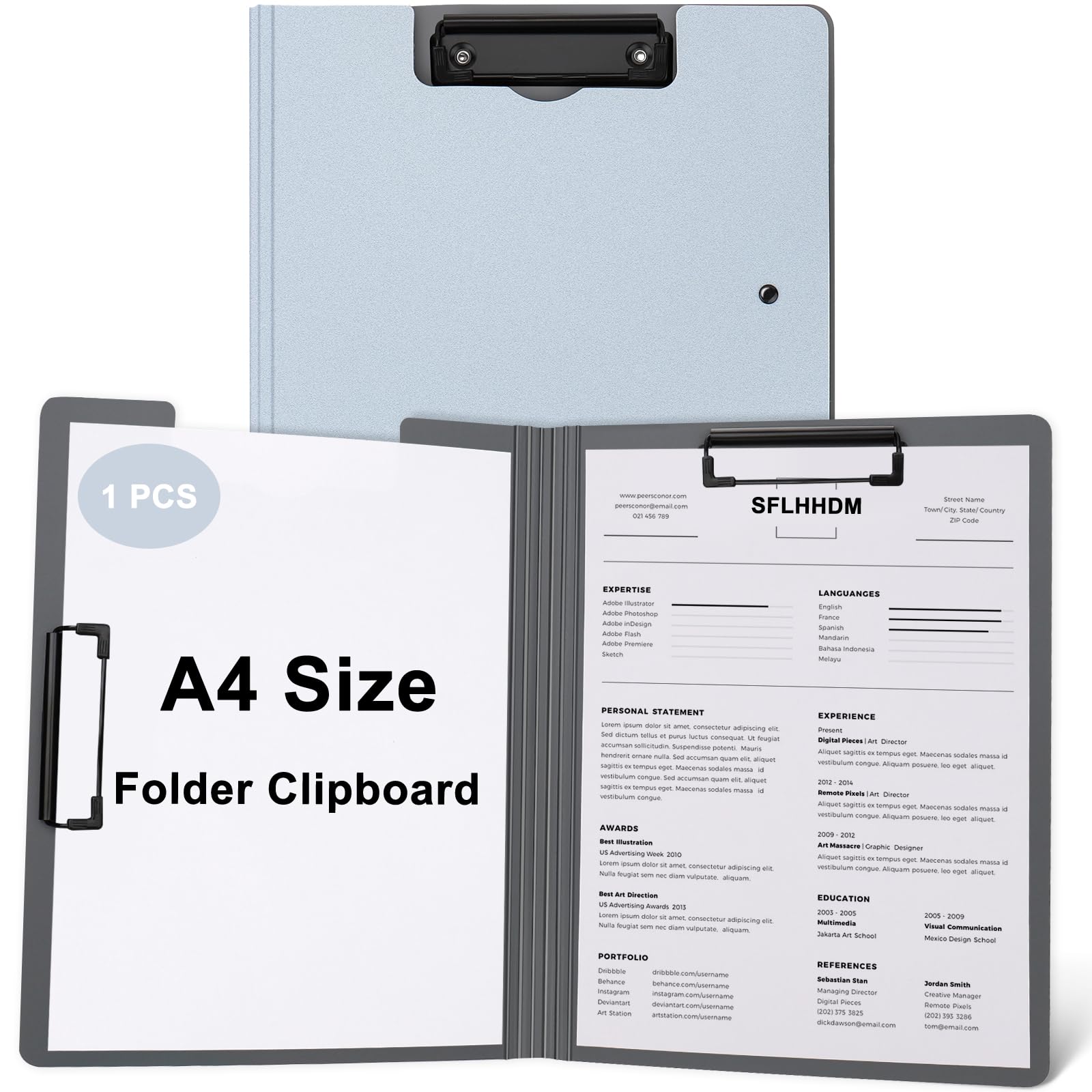 Photo 1 of 1 PCS A4 Clipboards Foldable,Folding Clipboard,360°Cover Folder Clipboard,Plastic Clipboards with Double Low Profile Clip,A4 Size File Folder Storag Clip Board for A3 A4 Paper Clip Boards-Silver