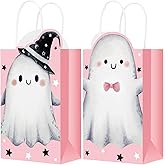 Frienda 16 Pcs Pink and Black Halloween Party Favor Bags with Handle Pink Halloween Treat Bags Paper Gift Goodie Bags for Kids Birthday Baby Shower Party Supplies (Ghost)