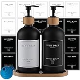Black Glass Soap Dispenser - Hand Dish Soap Dispenser Set for Kitchen with Sturdy Pump and Tray, 14 Waterproof Labels, Bathroom Refillable Soap Lotion Dispenser-Black