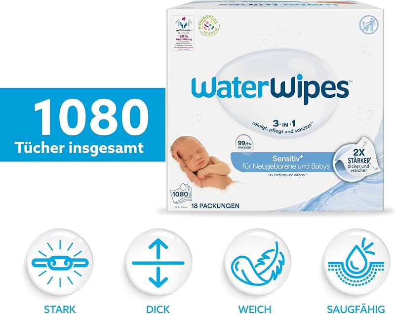 Sensitive+ Newborn & Baby Wipes, 99,9% Wasser, 18 Pack