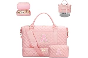 CLOUDWINGS Christmas Gifts for Women Girls Initial Travel Duffle Bag Quilted Weekender Carry-On Overnight with Cosmetic Bag, Gym Bag with Shoe Compartment Personalized Bag, Pink A