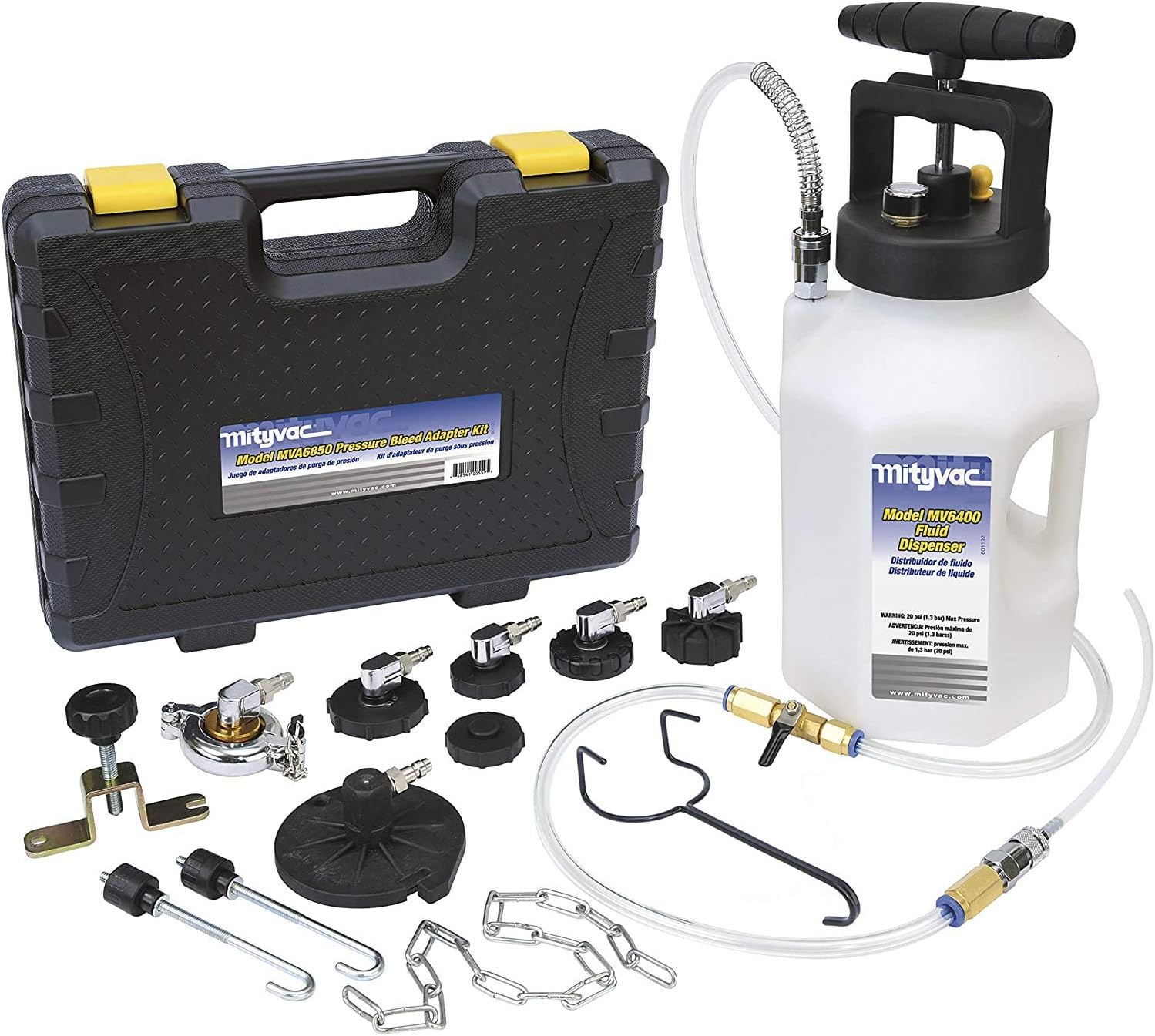 Amazon Com Mityvac Mv6840 Hydraulic Brake And Clutch Pressure Bleeding System With Integrated Safety And Pressure Relief Valve 7 Master Cylinder Adapters And Case Automotive
