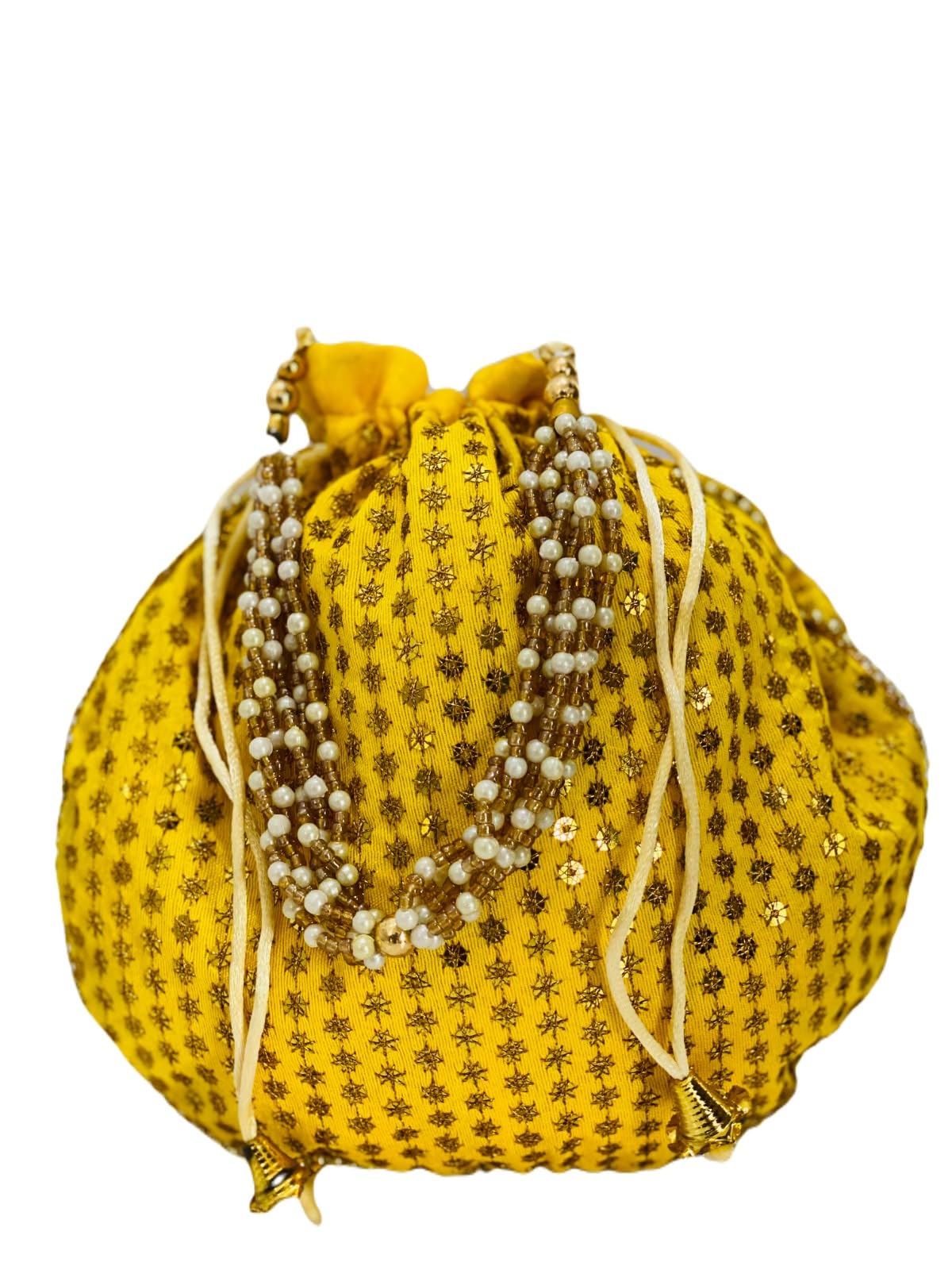 Photo 1 of Indian Ethnic Designer Embroidered Silk Potli Bag Batwa Pearls Handle Purse Clutch Purse for Women (Yellow)
