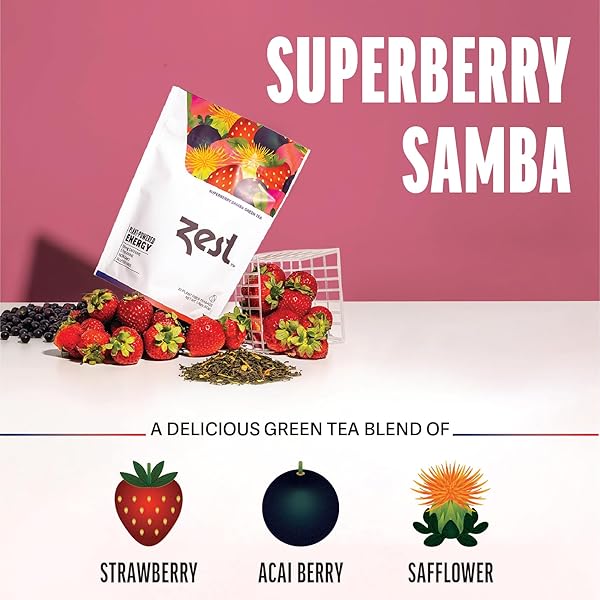 ZEST ENERGY GREEN TEA – SUPERBERRY SAMBA – HIGH CAFFEINE STRAWBERRY, ACAI, & PASSION FRUIT TEA – CAFFEINATED COFFEE ALTNERNATIVE WITH ANTIOXIDANTS – NATURAL, NON-GMO & KETO – 20CT PACK – 135MG CAF