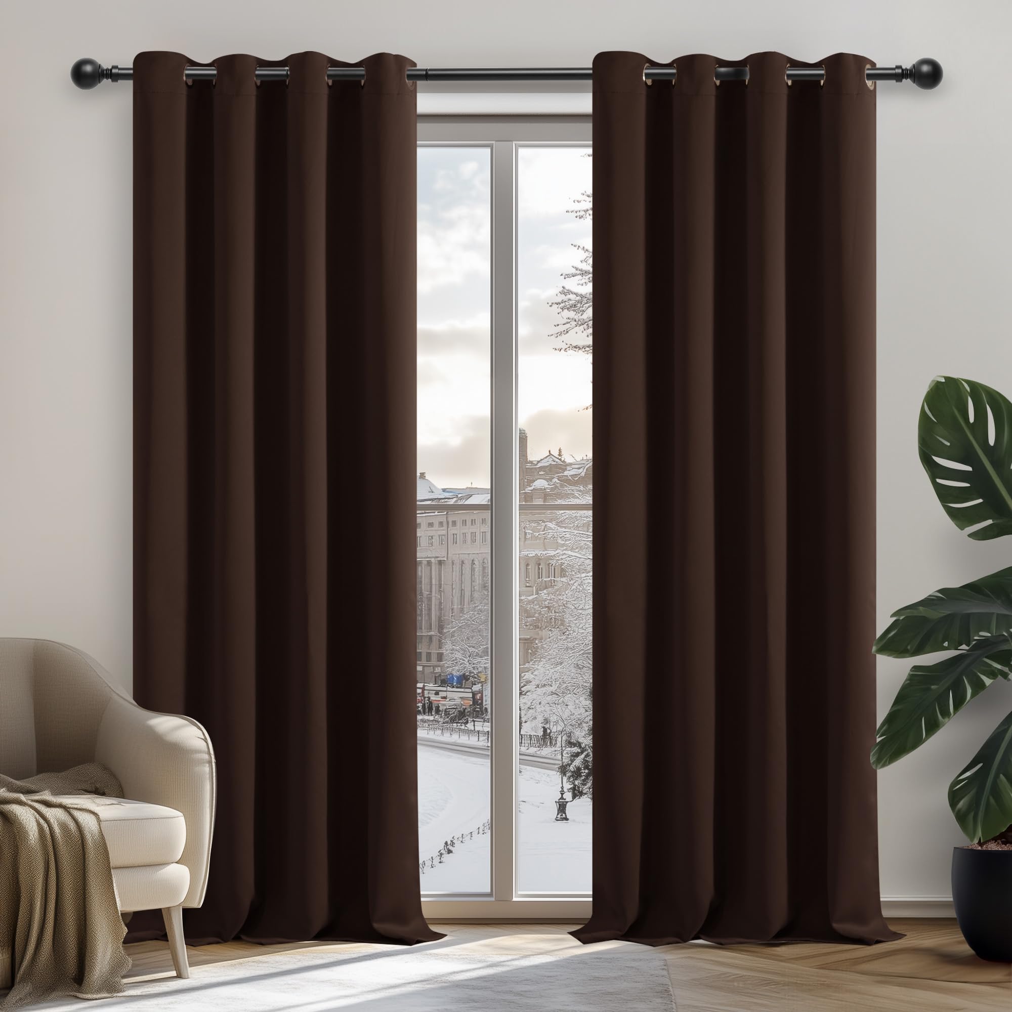 Deconovo Super Soft Solid Thermal Insulated Blackout Curtains Room Darkening Window Treatments Ring Top Curtains for Bedroom 52"x 54" Chocolate 1 PAIR