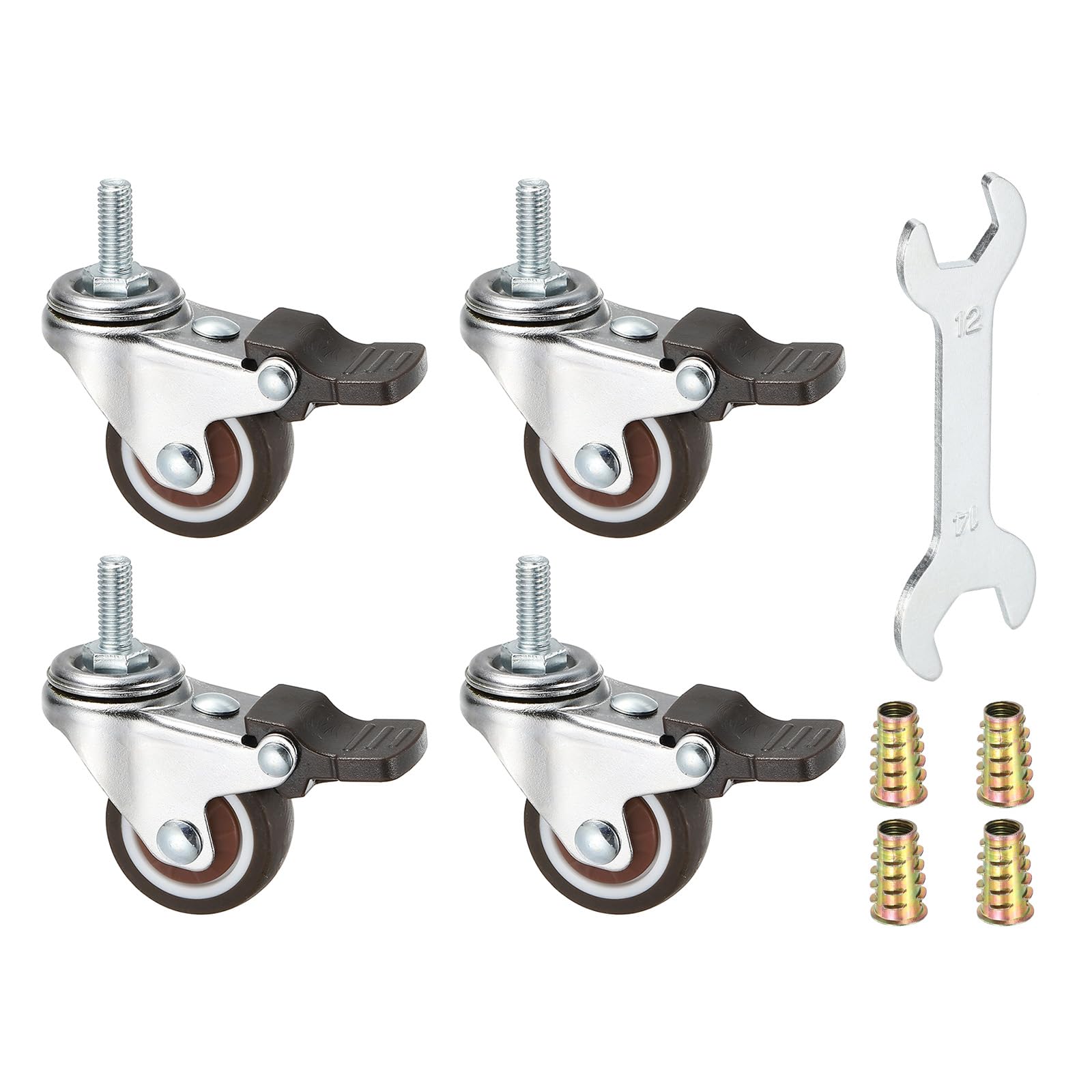 PATIKIL 1.25 Inch Swivel Caster Wheels with Brake, 4Pcs M6x15mm Threaded Stem Casters Load Capacity 132 Lbs with Tool Set for Furniture Trolley Cart, Brown