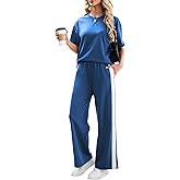 Tanming Two Piece Sets for Women Travel Vacation Outfits Lounge Sets Short Sleeve Tops Striped Wide Leg Pants Tracksuits