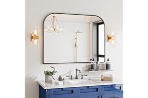 VETROVUE Black Wall Mounted Bathroom Mirror - 36 x 24 Inch Round Cruved Top Right Angle Bottom Wall Mirror, Aluminum Metal Framed, Decor for Living Room, Bedroom, Fireplace, Mantle, Entryway