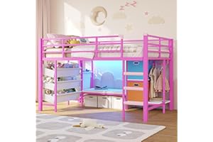 DICTAC Low Twin Size Loft Bed with Reading Corner and Bookshelf,Metal Twin Loft Bed with LED Lights,3 Sling Drawers&2 Movable Storage Bins,loft bed for Kids with 13.98"H Safety Guardrail & Stairs,Pink