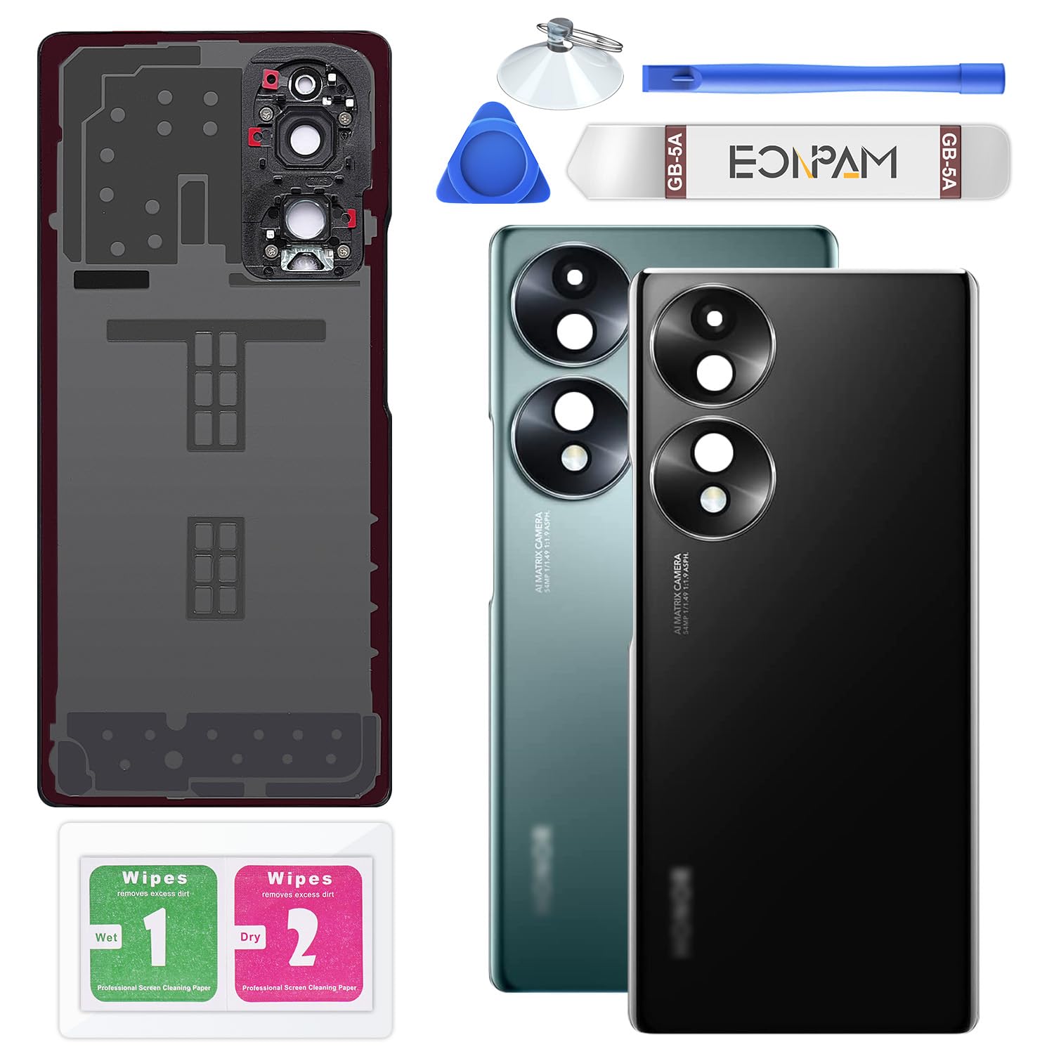 Eonpam Back Cover Glass for Honor 70 Rear Glass Replacement with Camera Lens + Repair Kit Genuine Rear Housing (Black)