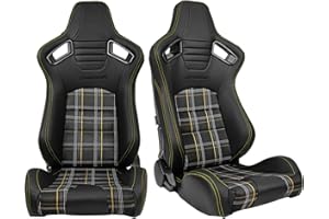 FREEMOTOR802 Universal Racing Seats, Reclinable Sport Seats with Dual Lock Sliders Adjustable, 1 Pair (Driver + Passenger Side), PU + Plaid Fabric + Carbon Fiber Fabric, Black + Yellow Plaid