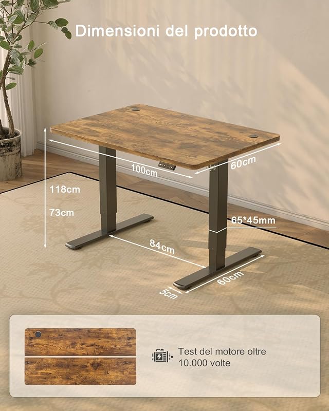 Scrivania Regolabile In Altezza Elettrica,100 x 60 cm,Pannello 6 Tasti Con 4 Memorie Di Altezza E Porta USB, Scrivania Da Computer Marrone,Avviso Di Pausa Per Sedentarietà — foto 3 di 8