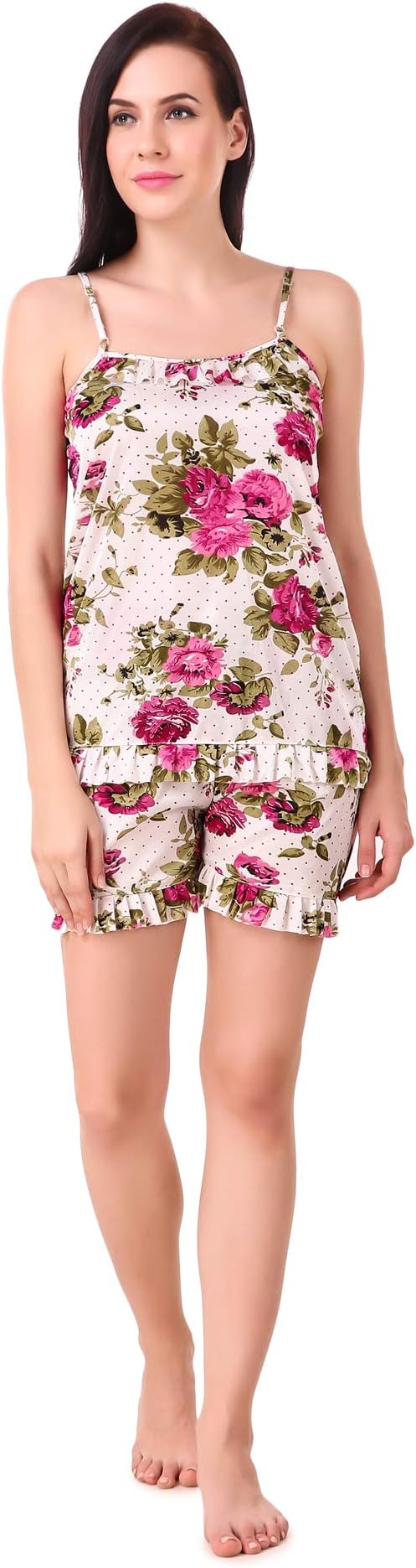 Fashion Nightwear Women Satin Floral Printed Satin top and Short Pyjama Night Suit Set Nightdress