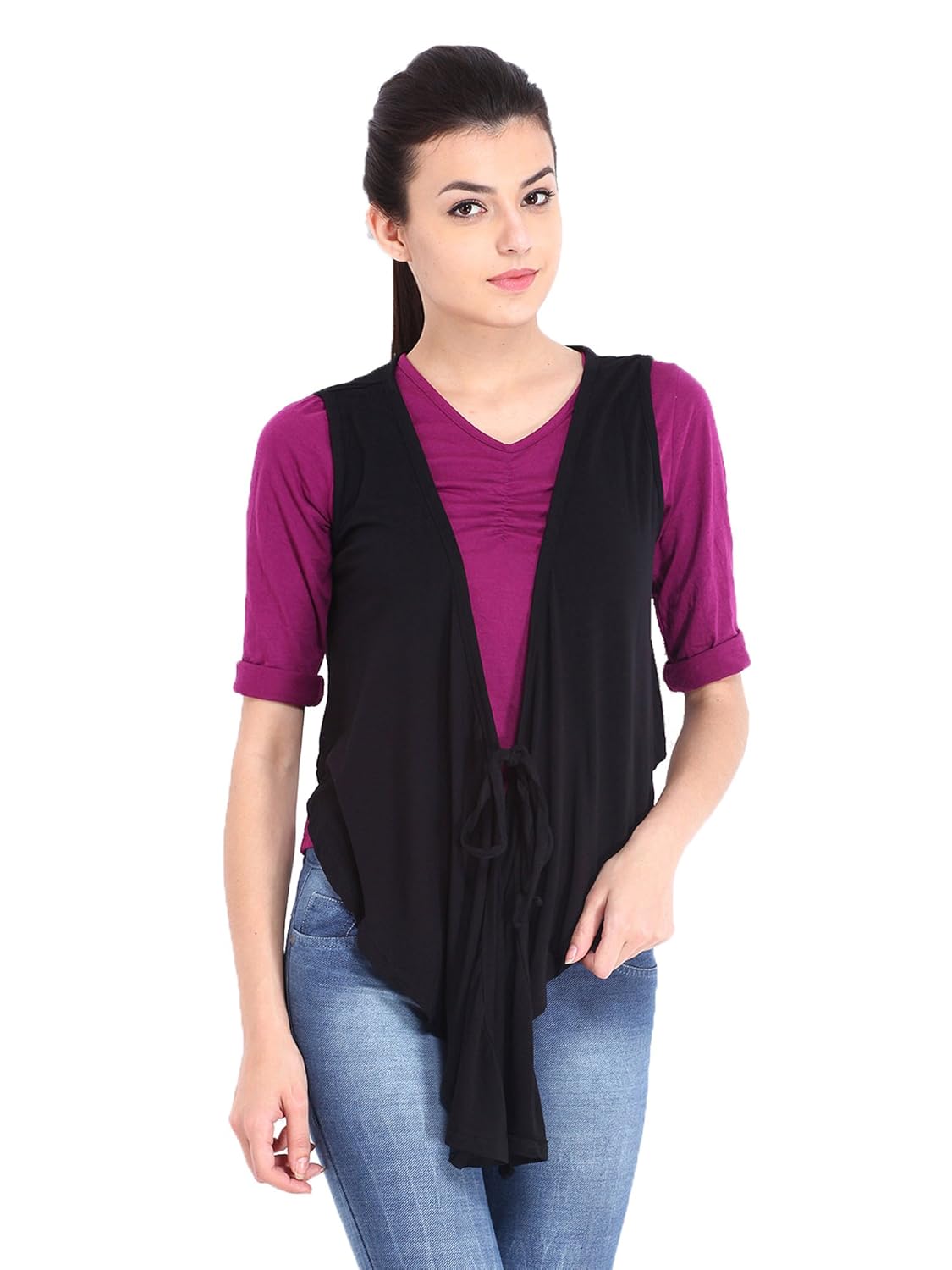 espresso women's sleeveless waterfall shrug with front tie option