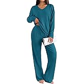 Ekouaer Lounge Sets for Women Long Sleeve Knit Ribbed Pajama Sets 2 Piece Casual Loungewear with Pockets