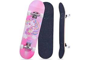 TOUTSEUL Skateboards for Beginners Kids Boys Girls Teens and Adults, 31 Inch Complete Standard Skateboards with 7-Layer Maple Double Kick Deck Unicorn and Skull Design