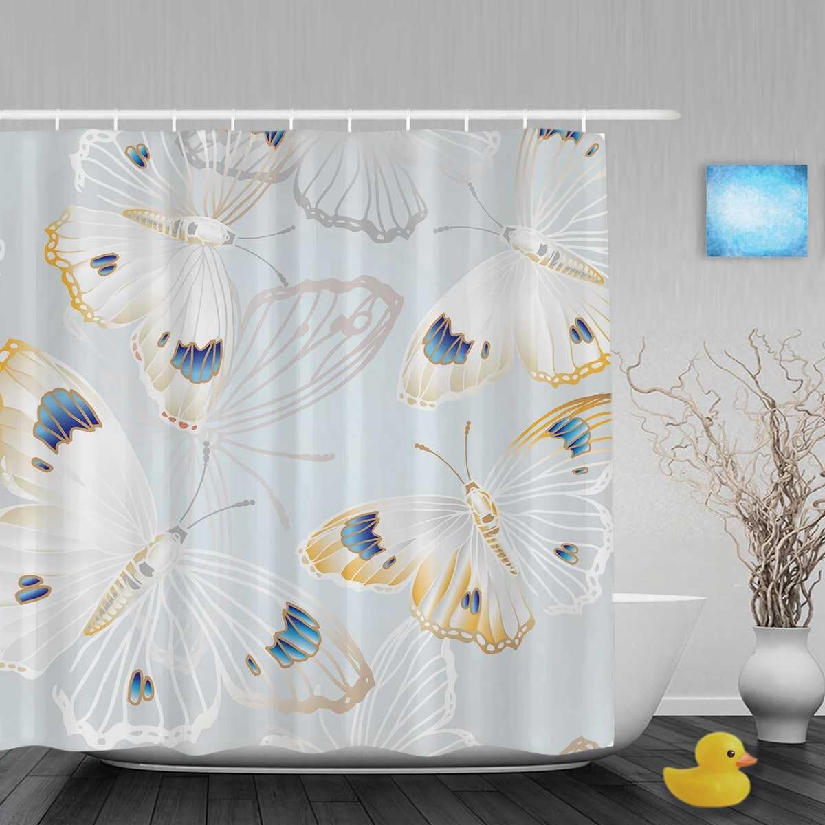 Amazon Com Guglili White And Yellow Butterfly Blessing Fabric Shower Curtain For Bathroom Art Print Design 100 Waterproof Mildew Ployester Curtain Free Bathroom Set With Hooks 72 X72 Home Kitchen