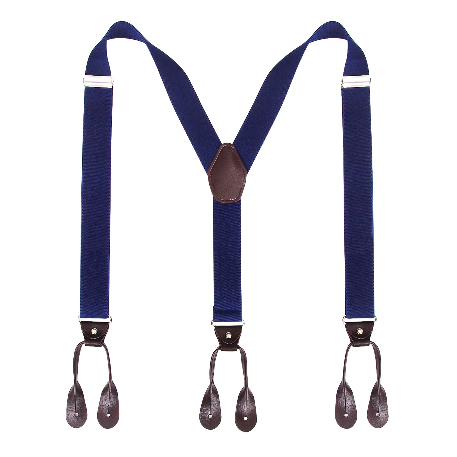 Kajeer Mens Button End Suspenders Braces - 1.37 Inches Wide Y Shape Adjustable Button End Elastic Suspender (Navy Blue)