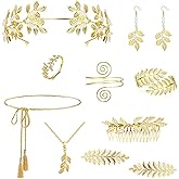 Bolinteri 11Pcs Greek Goddess Costume Accessories Set for Women Celestial Jewelry Moon Stars Halo Crown Golden Laurel Leaf Crown Headband Leaf Armband Pearl Leaf Dangle Earring CZ Necklace Ring Waist Belt Wedding Toga Cosplay Party Jewelry