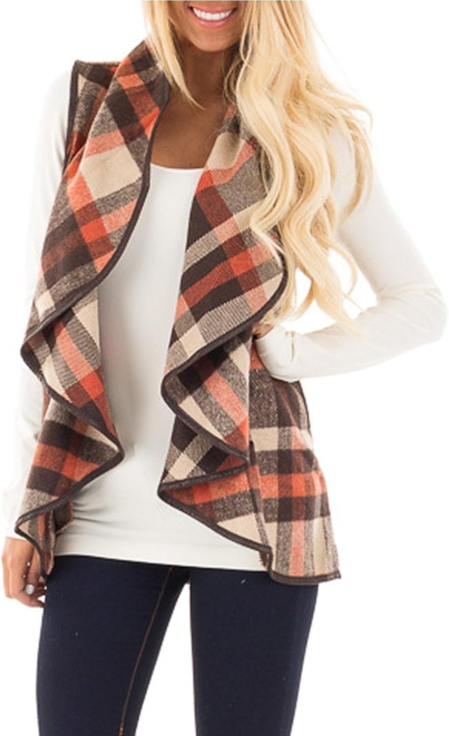 Yanekop Womens Lapel Sleeveless Open Front Hem Plaid Vest Cardigan Jacket With Pockets at  Women's Coats Shop