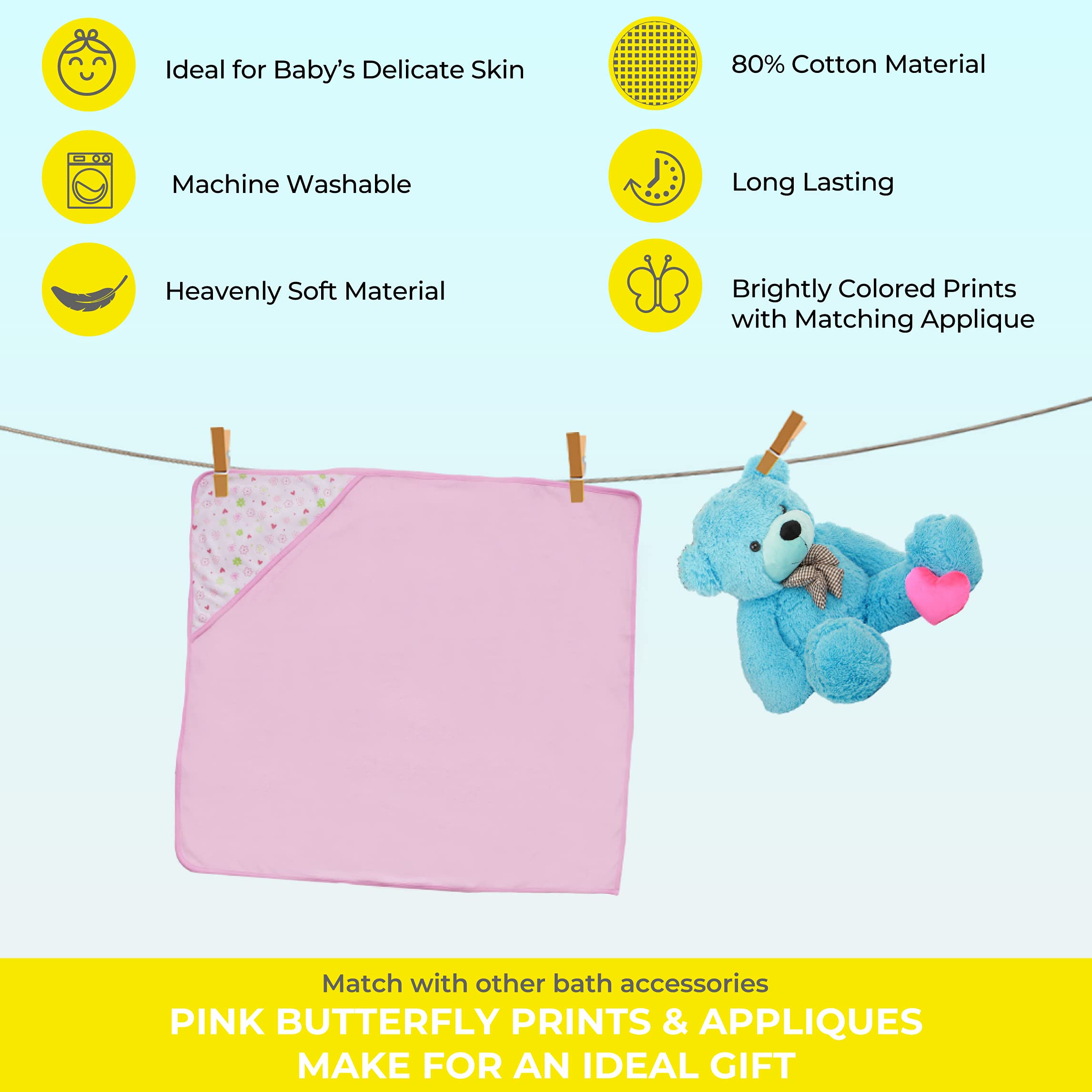 Spasilk Bath Hooded Towels & Washcloths Set for Babies, 2 Hooded Terry Bath Towels & 2 Washcloths, Pink Butterfly