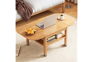 Solid Wood Side Table with Lockable Wheels, Flexible Coffee Table with Storage, Rolling Folding Coffee Table, Floor Table for