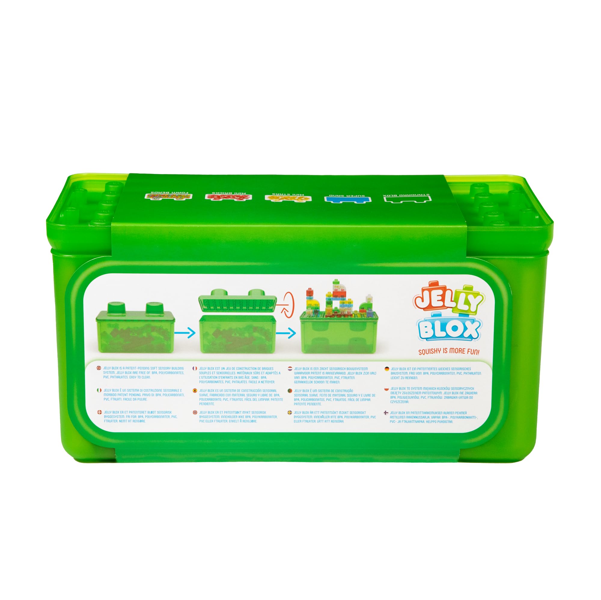 Jelly Blox Stash 'N Stack 2-in-1 Storage Case Including 30 Blocks | Toddler & Preschool Building Blocks Kids Can Squeeze & Stretch | Safety Tested & Ouch-Free | Tactile, Sensory Play Toy for Ages 2+