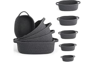 VOOWO Set of 5 Rope Basket, Woven Rope Baskets for Storage, Baskets for Gifts Empty, Small Rope Basket for Organizing, Nursery Rope Basket, Cotton Rope Basket, Woven Basket for Shelves (Dark Gray)