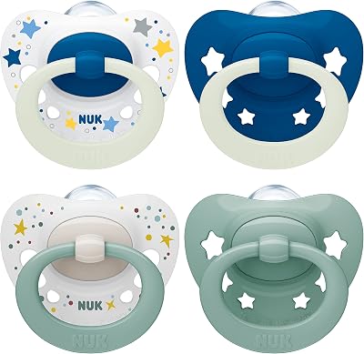 NUK Signature Day & Night Baby Dummy 0-6m Glow Stars 4 Count BPA-Free