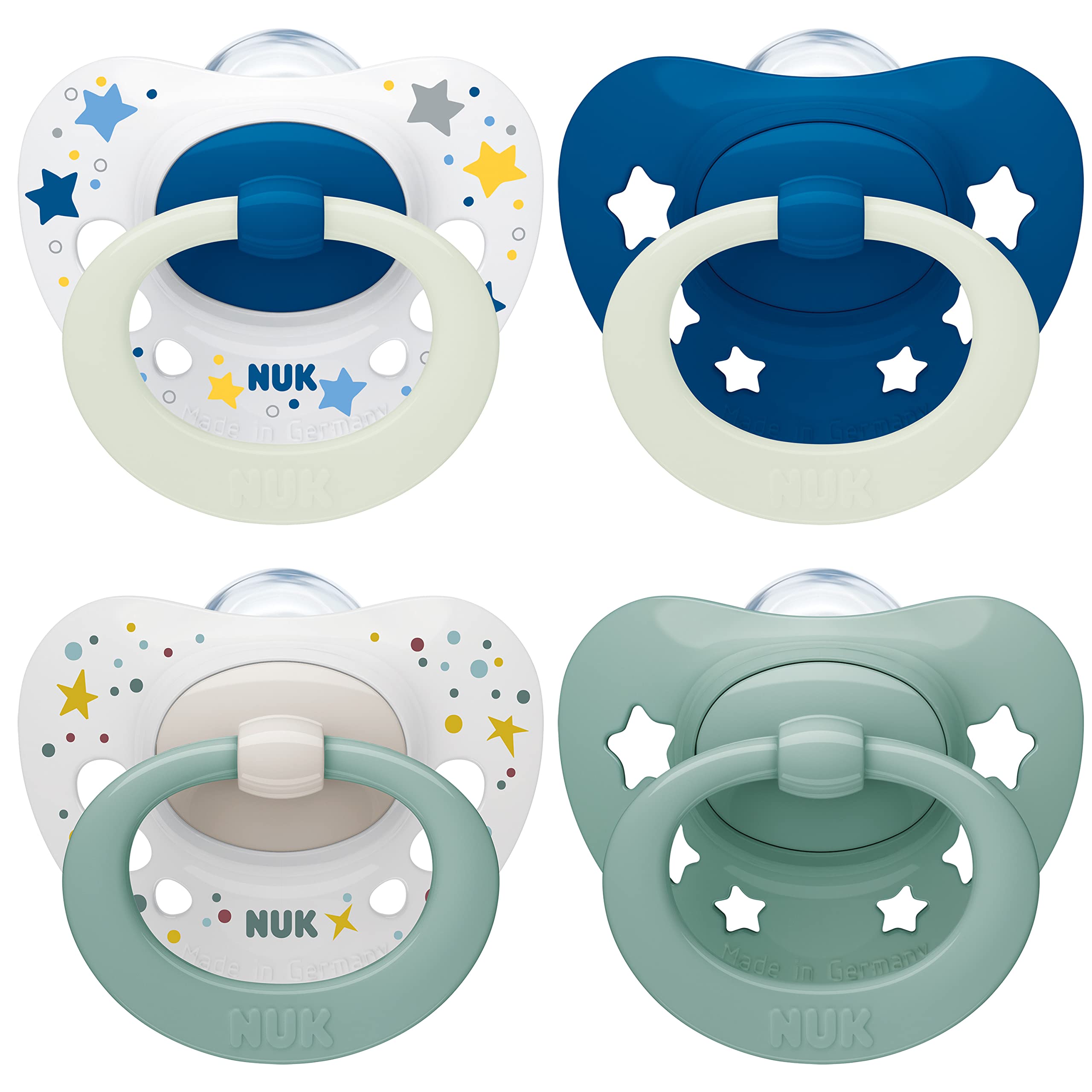 NUK Signature Day & Night Baby Dummy | 0-6 months | Soothes 95% of Babies | Heart-Shaped BPA-Free Silicone Soothers | Glow-in-the-Dark | Stars | 4 Count