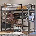DICTAC Loft Bed Twin Size with Desk and Charging Station Metal Loft Bed with Led Lights,Storage Shelves and Drawers Twin Bed Frame with Clothes Rail,Safety Guard & Ladder,No Box Spring Needed,Black
