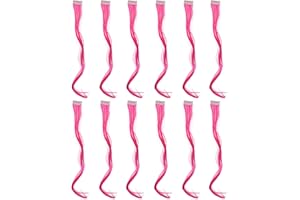 SWACC 12 Pcs Curly Wavy One Color Party Highlights Clip on in Hair Extensions Colored Hair Streak Synthetic Hairpieces (Neon Pink)