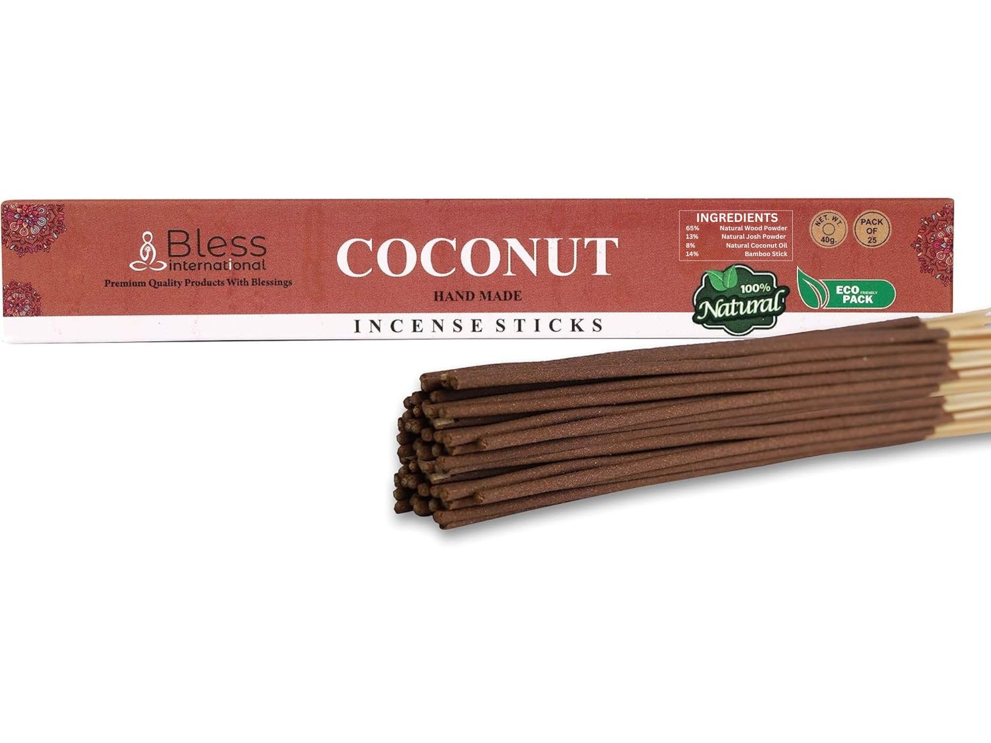 Bless-COCONUT-Incense-Sticks 100%-Natural-Handmade-Hand-Dipped-Incense-Sticks Organic-Chemicals-Free For-Purification-Relaxation-Positivity-Yoga-Meditation The-Best-Woods-Scent (25 Sticks (40GM))