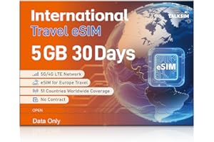 TALKSIM International eSIM 5GB 30 Days, 5G 4G LTE Travel eSIM for 51 Countries |USA, UK, Europe, Asia, Oceania, Data Only Prepaid eSIM for Unlocked Devices, No Contract, No Voice/SMS